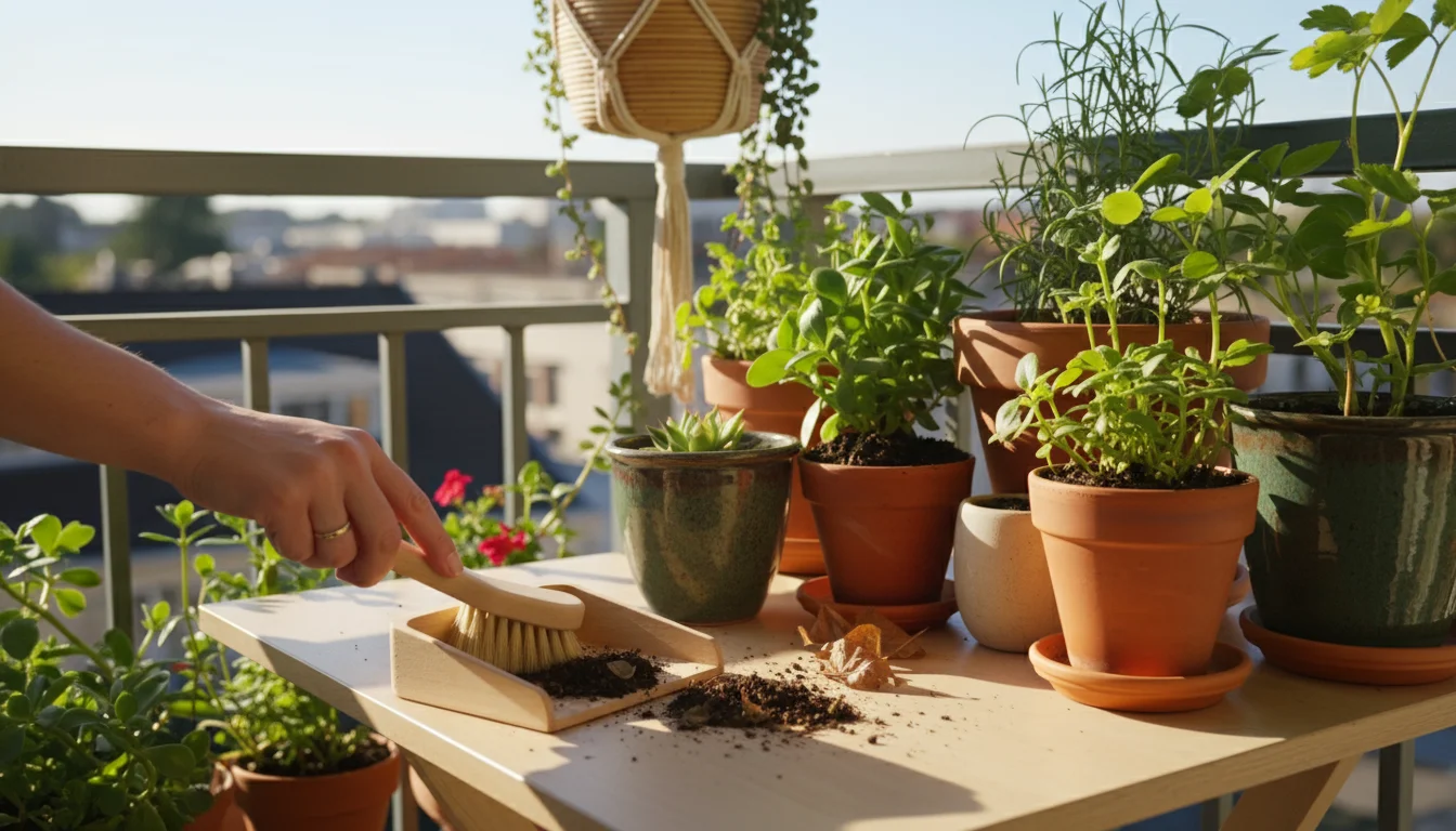 A hand uses a small natural-bristle brush to sweep spilled soil and leaves into a mini dustpan on a wooden surface next to potted plants.