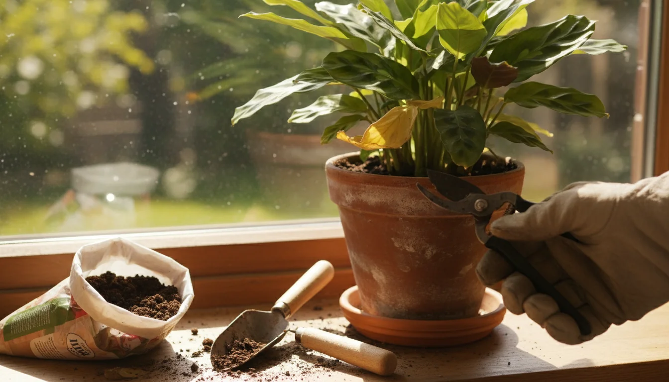 A hand uses small pruning snips to trim a yellow leaf from a vibrant houseplant in a terracotta pot on a windowsill. A mini trowel and potting mix are
