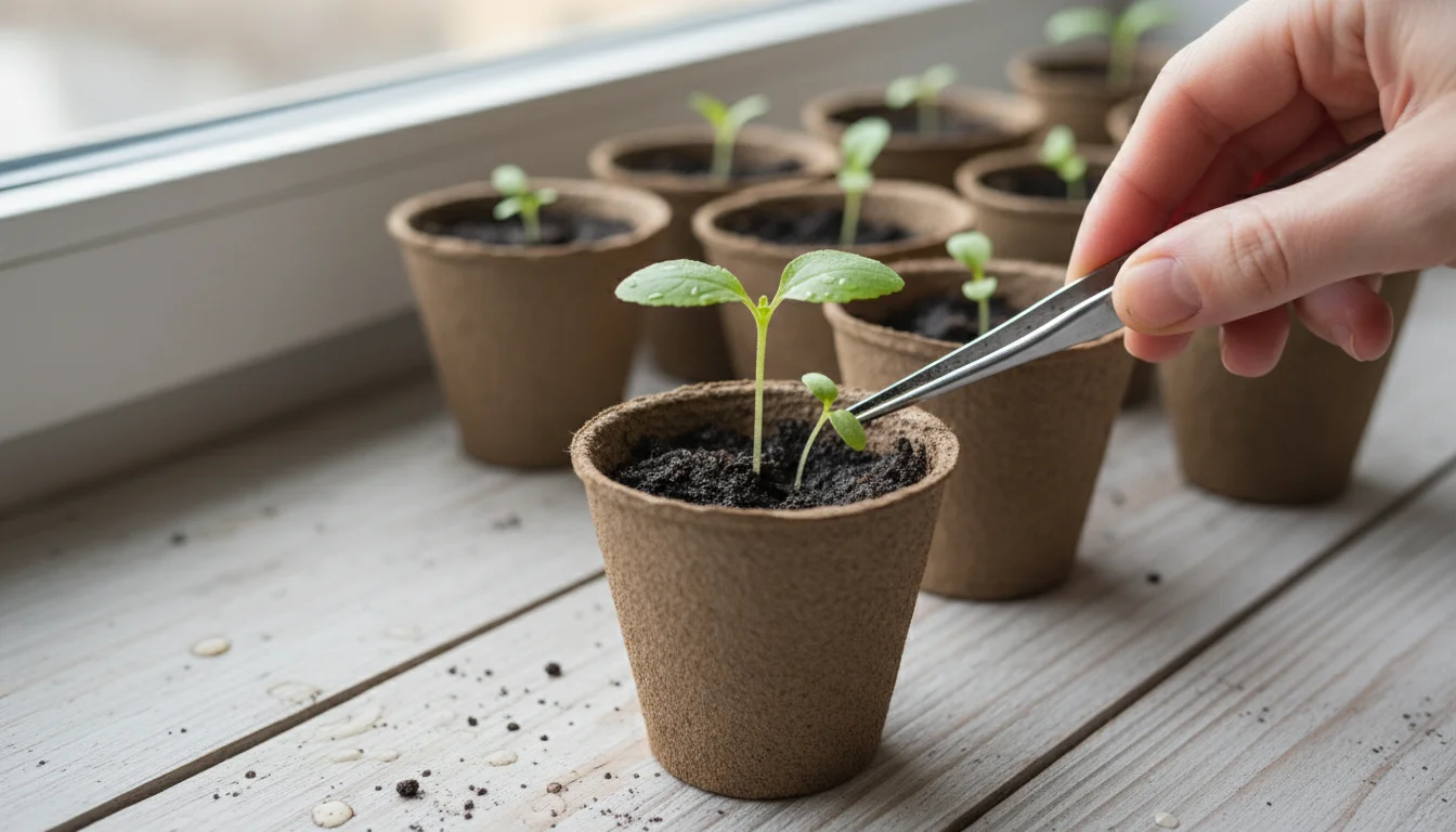A hand uses tweezers to thin a healthy seedling with true leaves from a small peat pot on a wooden windowsill.