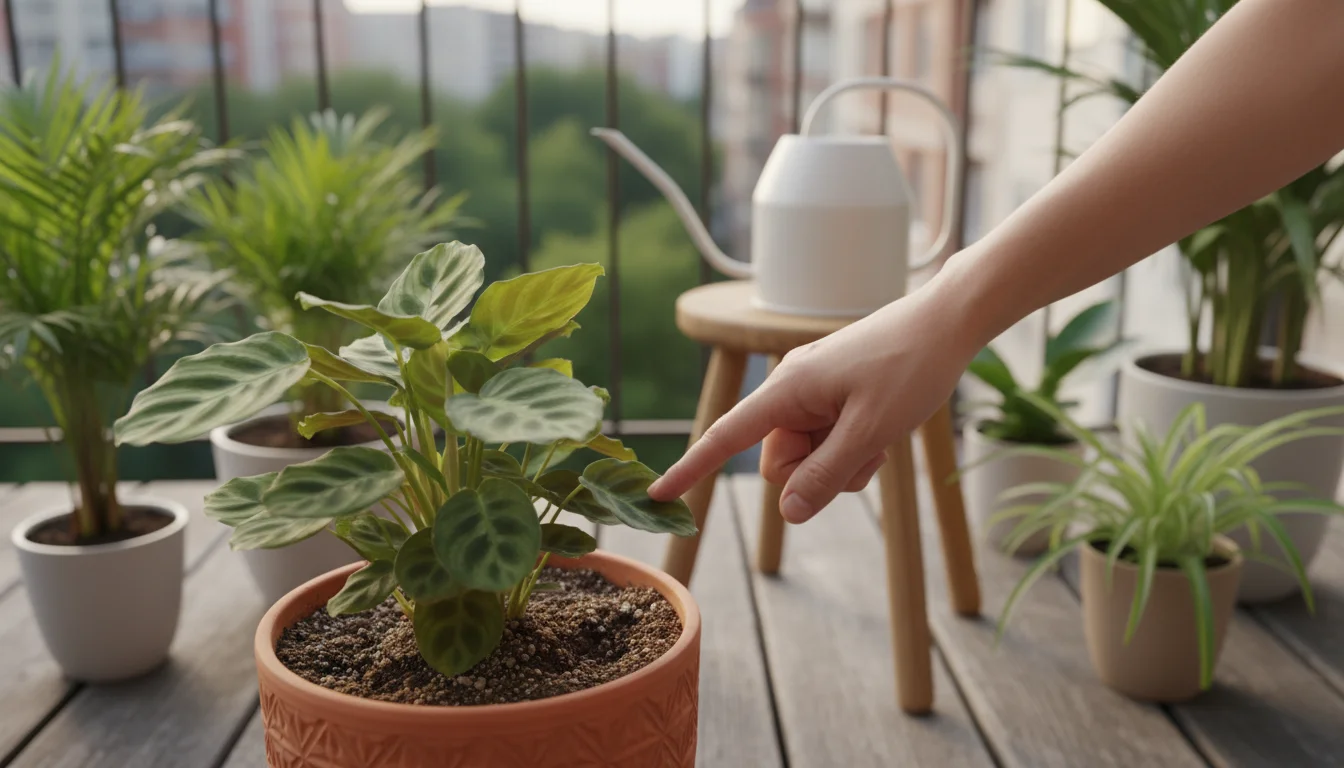 Close-up, slightly overhead shot of a hand using a finger to test soil moisture in a terracotta potted, pet-safe plant on a balcony.