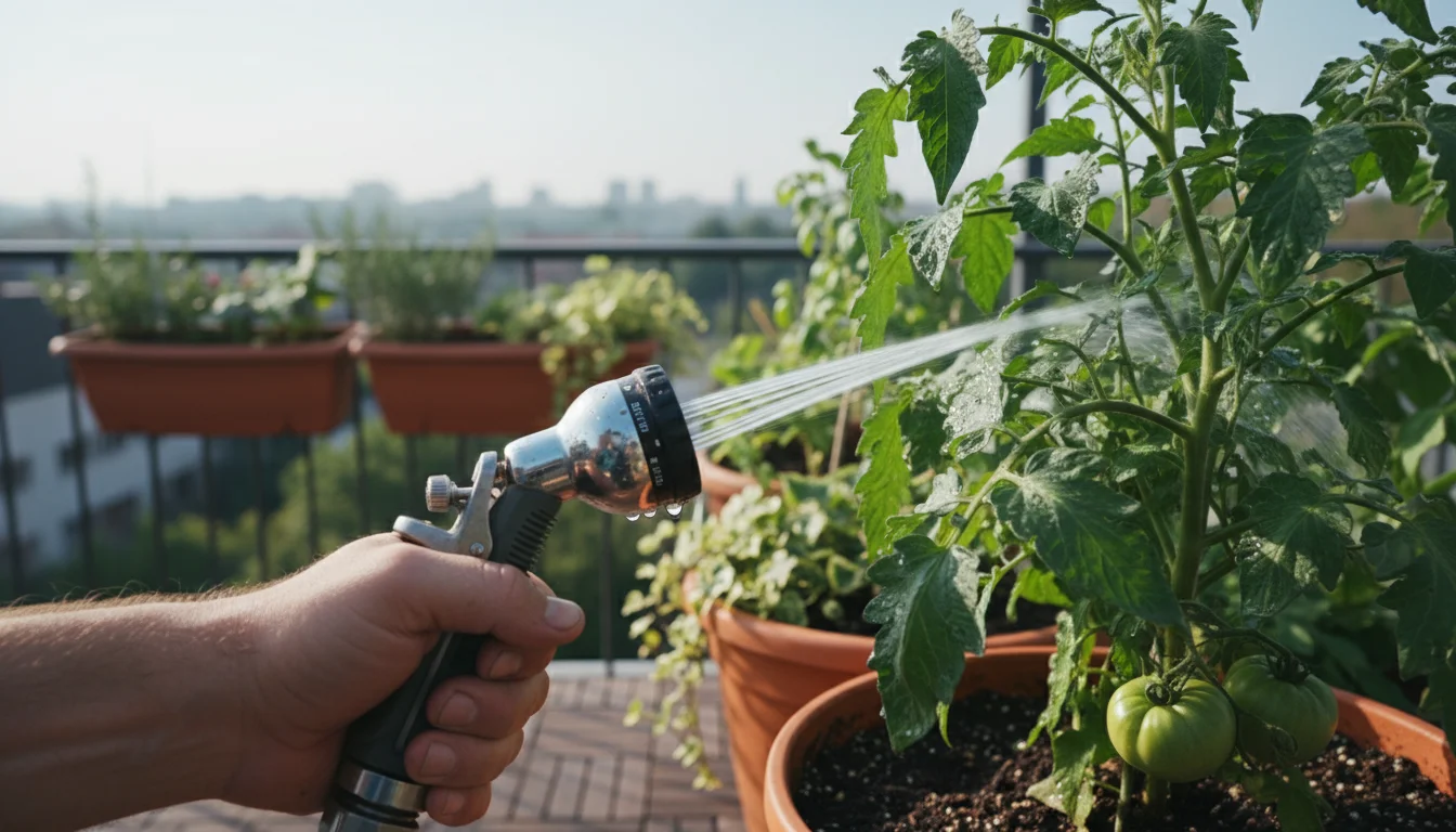 Hand using a garden hose to spray the underside of leaves on a potted tomato plant on a balcony.