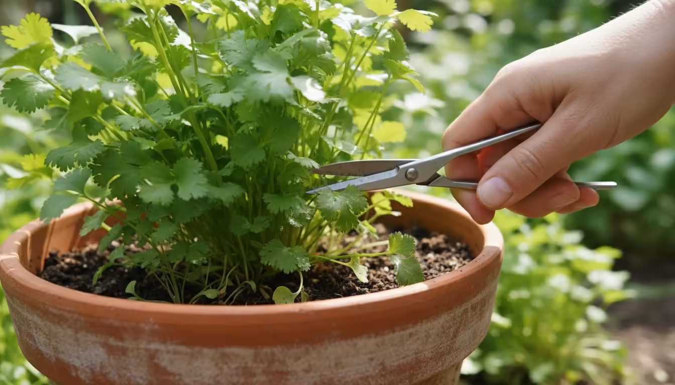 Close-up of a hand using sharp herb snips to carefully cut a large, outer cilantro leaf stem at its base in a terracotta pot.