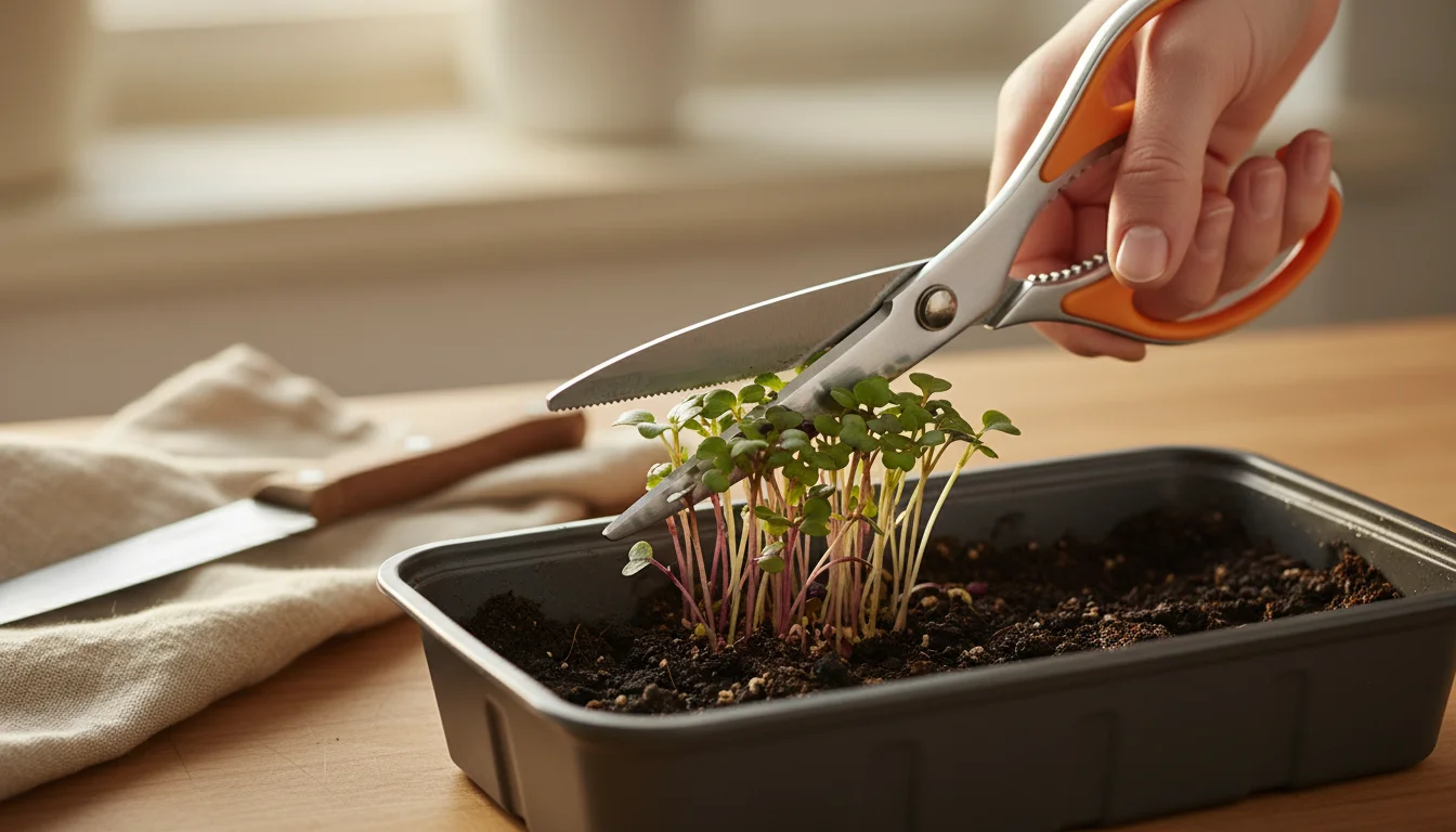 Close-up of a hand using sharp kitchen shears to harvest vibrant radish microgreens from a tray on a sunlit kitchen counter.