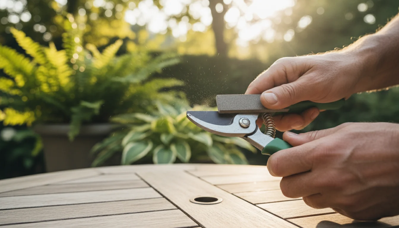 Close-up of a hand using a sharpening stone on a bypass pruner blade on a wooden table, with blurred container plants in the background.