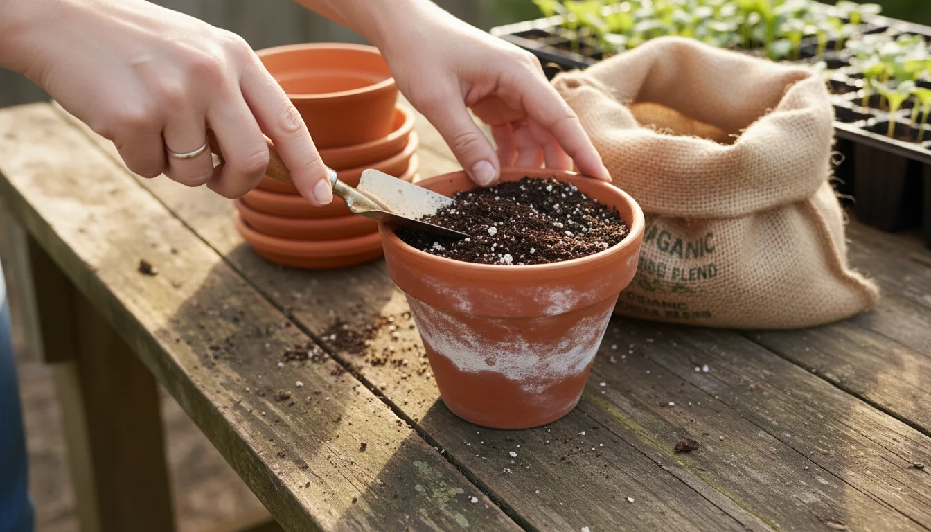 A hand using a small trowel to level dark, perlite-flecked potting mix in a terracotta pot on a wooden surface.
