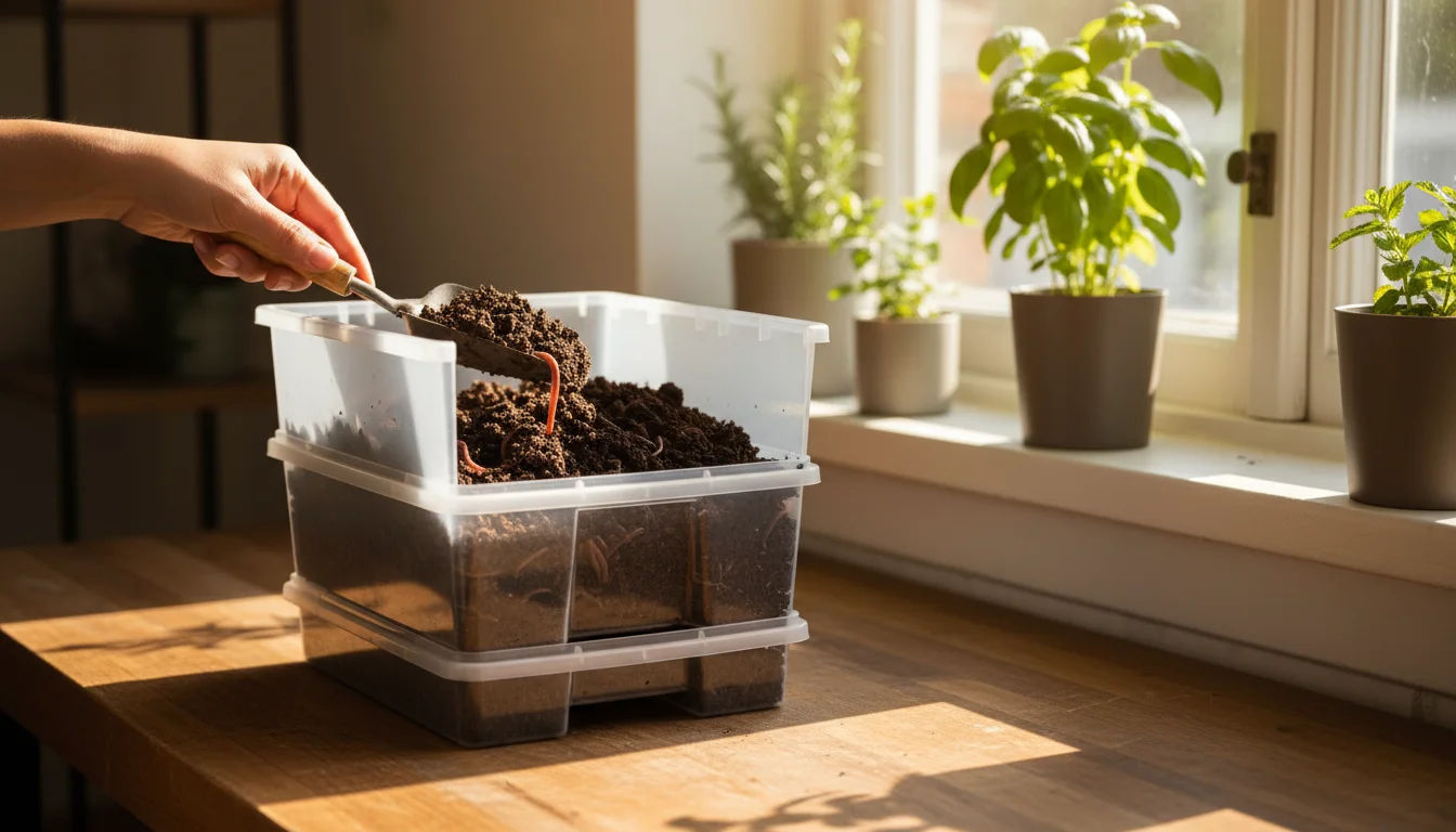 A hand using a small trowel to scoop dark worm castings from a compact indoor vermicomposting bin, with worms visible. A potted herb is in the backgro