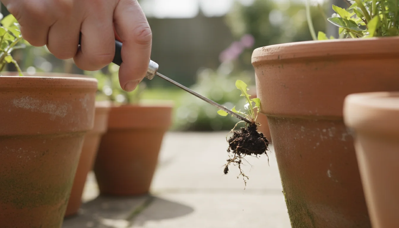 Close-up of a hand using a thin hand weeder to precisely remove a weed from a crack between two terracotta pots on a sunlit patio.