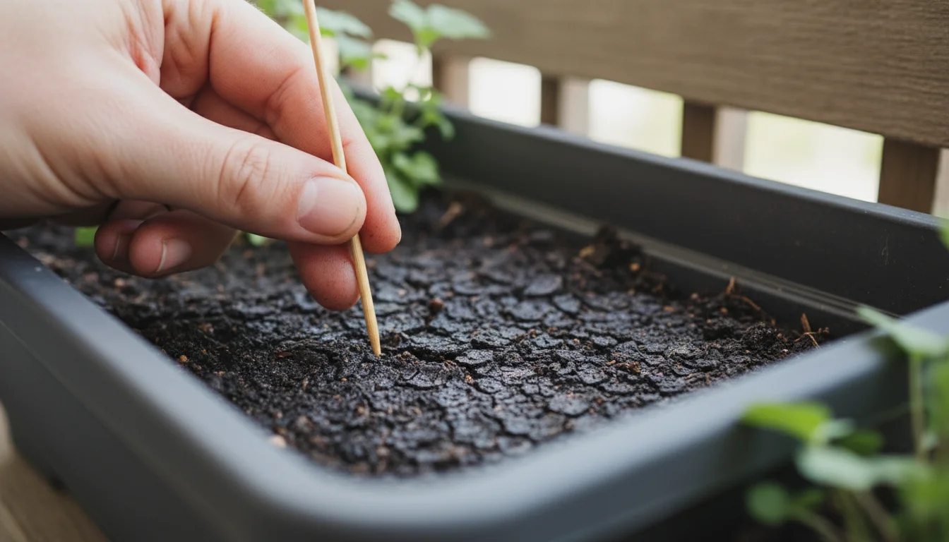 Close-up of a hand using a thin stick to gently aerate compacted, dry soil in a rectangular balcony planter box, with a slightly stressed leafy plant
