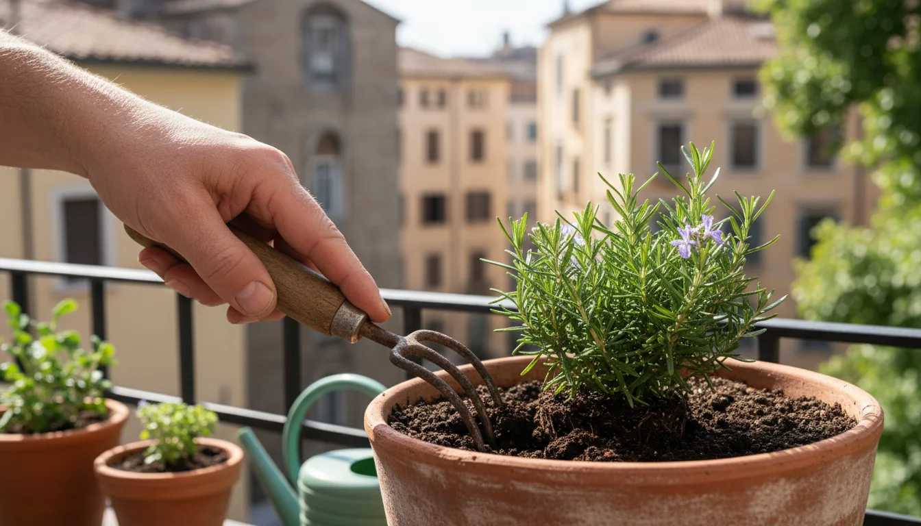 A close-up of a hand using a three-tine hand fork to aerate compacted soil around a rosemary plant in a terracotta pot on a balcony.