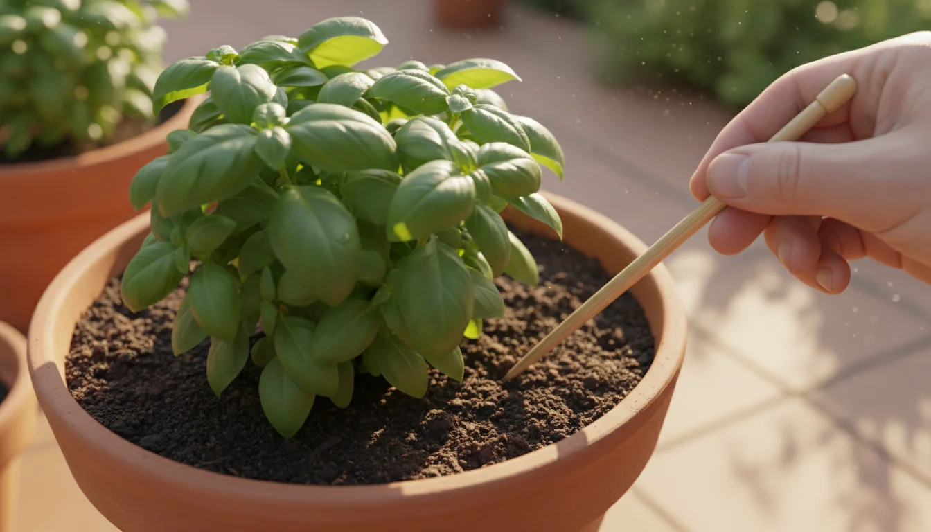 Close-up of a hand using a wooden chopstick to gently poke aeration holes into the dark soil of a healthy potted basil plant.