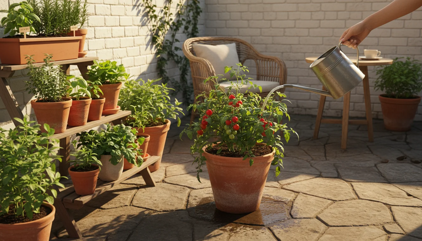 Hand watering base of lush cherry tomato plant in a terracotta pot on a sunny patio, with visible water drainage.