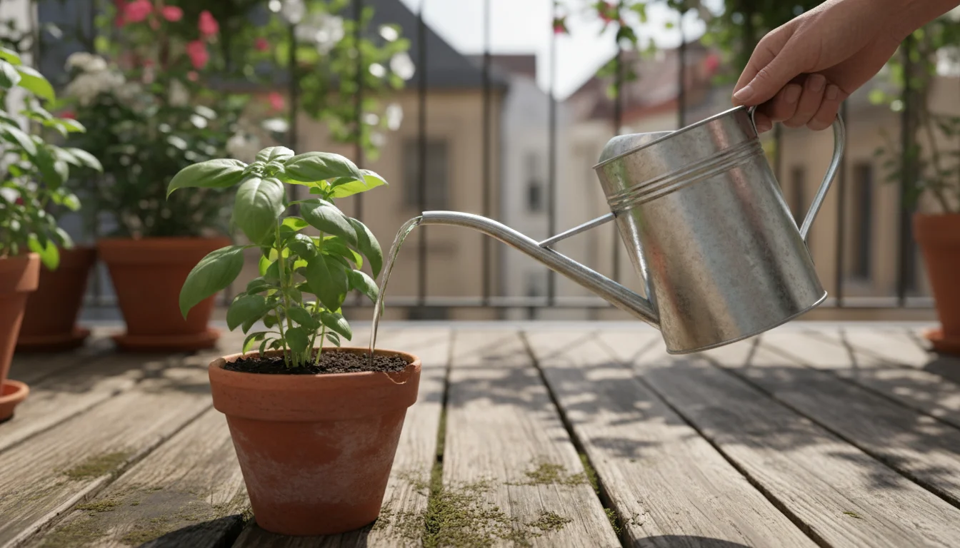 Hand watering a basil plant in a terracotta pot with a small galvanized steel can on a sun-dappled balcony deck.