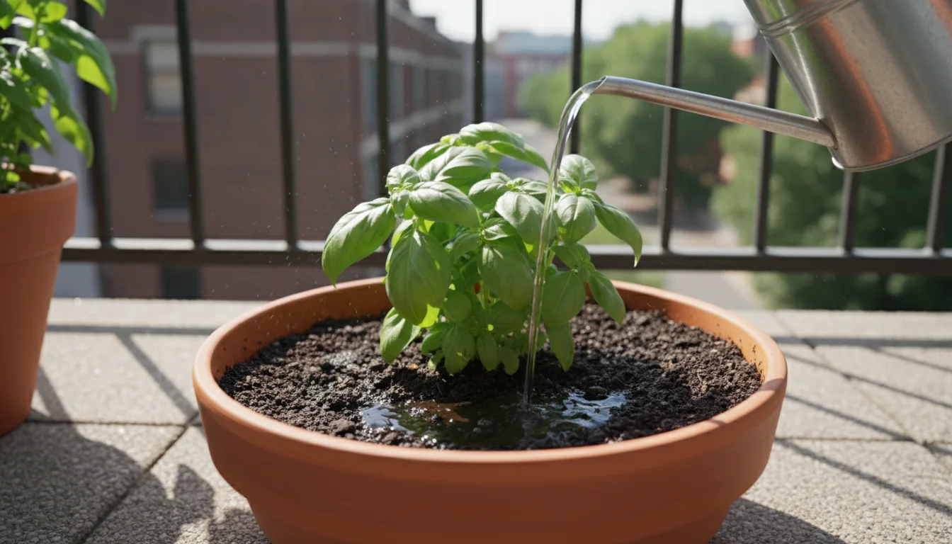 Hand watering basil in a terracotta pot on a sunny balcony. Dark soil visibly absorbing water from a long-spouted can.