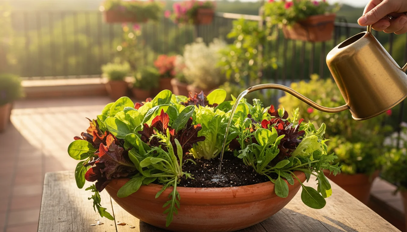 Close-up of a hand watering a container of salad greens at soil level on a sunlit patio, emphasizing careful, deep hydration.