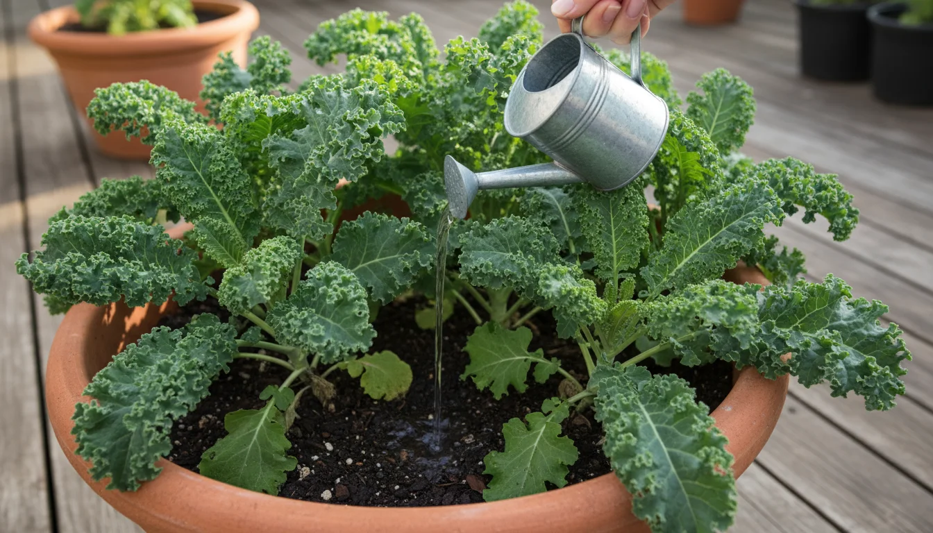 A hand watering a container of vibrant, healthy green kale with liquid fertilizer on an urban balcony.