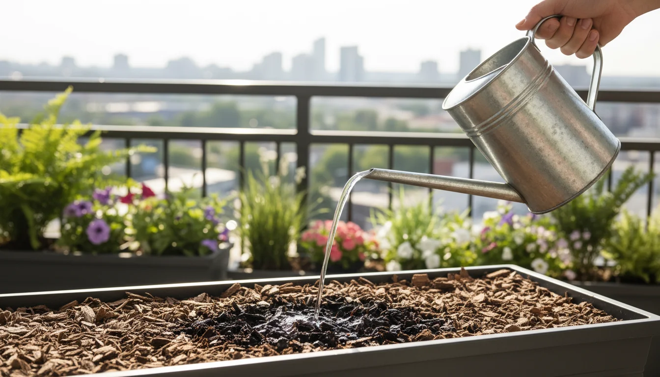 Hand watering dark wood chip mulch in a charcoal planter on a sunny urban balcony. Mulch visibly darkens from water.