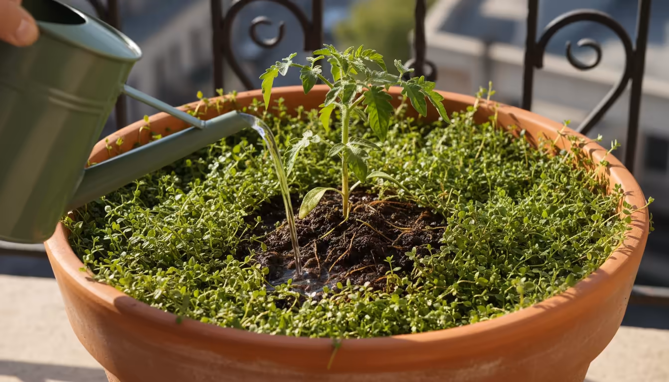 Close-up of a hand watering dense creeping thyme groundcover in a large terracotta pot, showing smooth water absorption.
