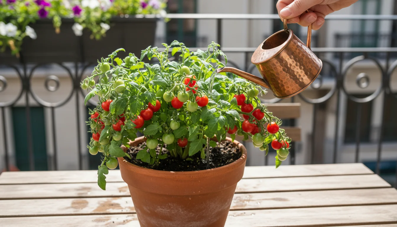 A close-up of a hand watering a lush 'Micro-Tom' tomato plant in a terracotta pot on a balcony, heavy with ripening fruit.