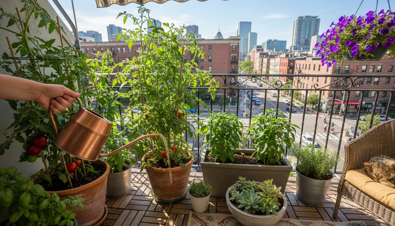 Slightly overhead view of a hand carefully watering a potted tomato on an urban balcony, with peppers and cucumbers in diverse containers.