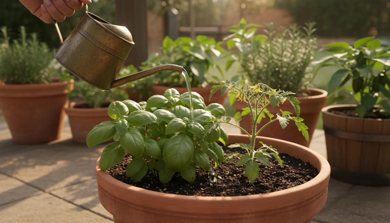 Hand gently watering a thriving basil plant in a terracotta pot, companion-planted with a small tomato on a sunlit patio.