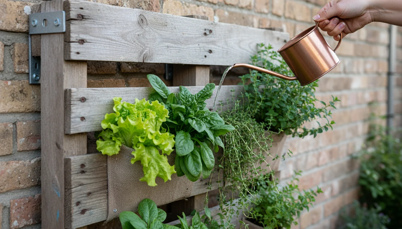 Hand watering vibrant herbs and leafy greens in a repurposed wooden pallet vertical garden mounted on a pastel stucco patio wall.