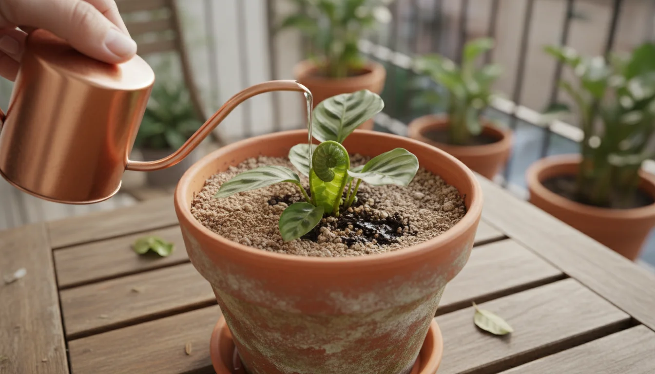 Close-up of a hand gently watering visibly dry soil in a terracotta pot with a small copper can, preparing for amendments.