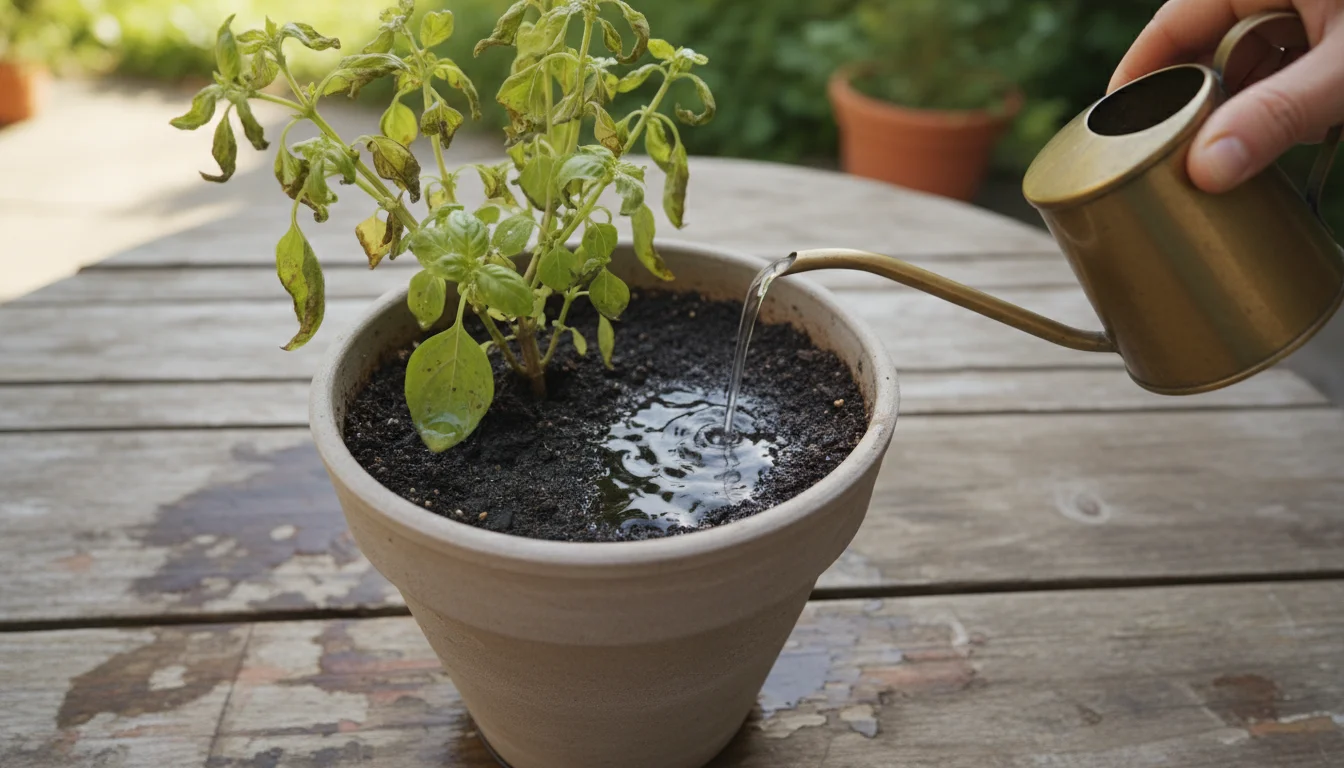 A hand waters a basil plant in a ceramic pot on a wooden table, but water pools visibly on the dense, dark soil surface.