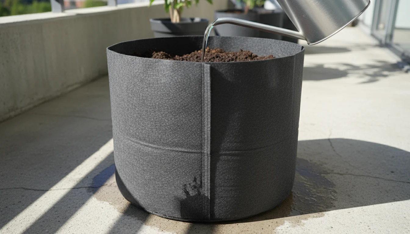 A hand waters a large, dark grey fabric grow bag on a sunny concrete balcony, with water visibly draining from the bottom. Healthy green potato foliag