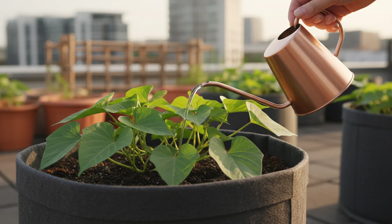 A hand waters a lush sweet potato plant in a fabric grow bag on an urban balcony, showing vibrant green leaves.