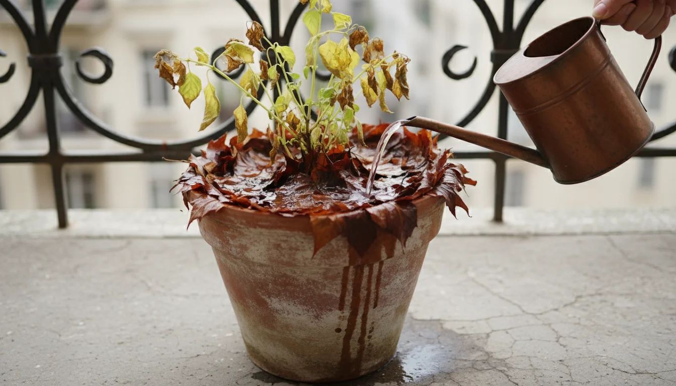 A hand waters a parched basil plant in a terracotta pot on a balcony. Water pools on matted, un-shredded leaves, not soaking in.