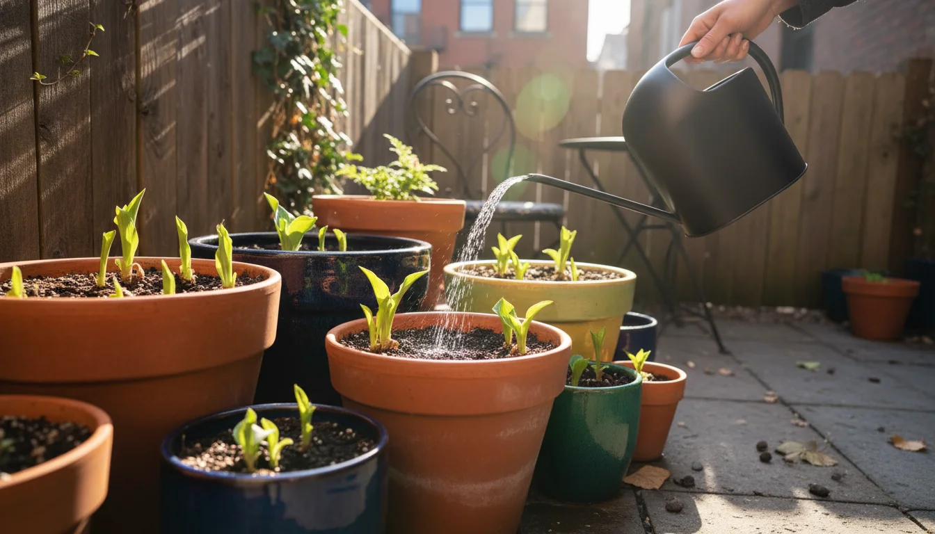 A hand gently waters a small container pot with a sleek watering can, showing new green perennial growth on a bright urban patio.