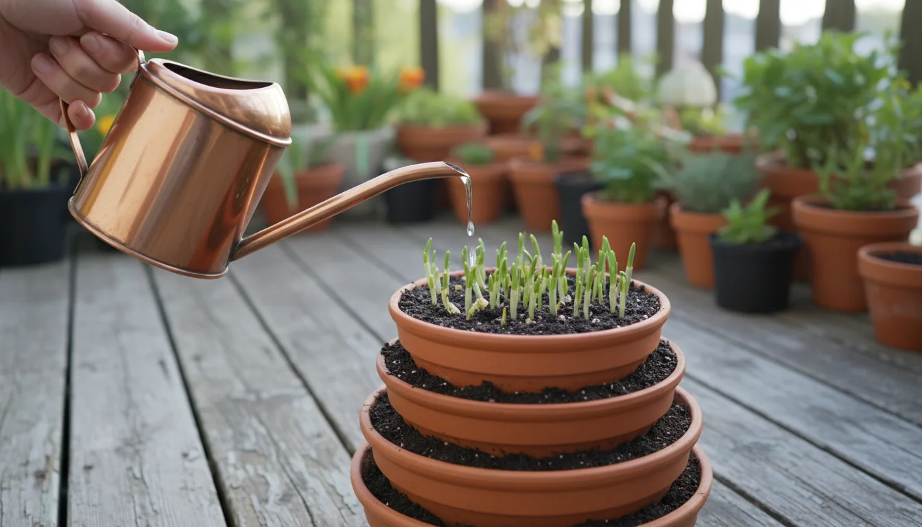 A hand gently waters a terracotta pot with tiny green bulb shoots emerging from the moist soil on a weathered wooden balcony.