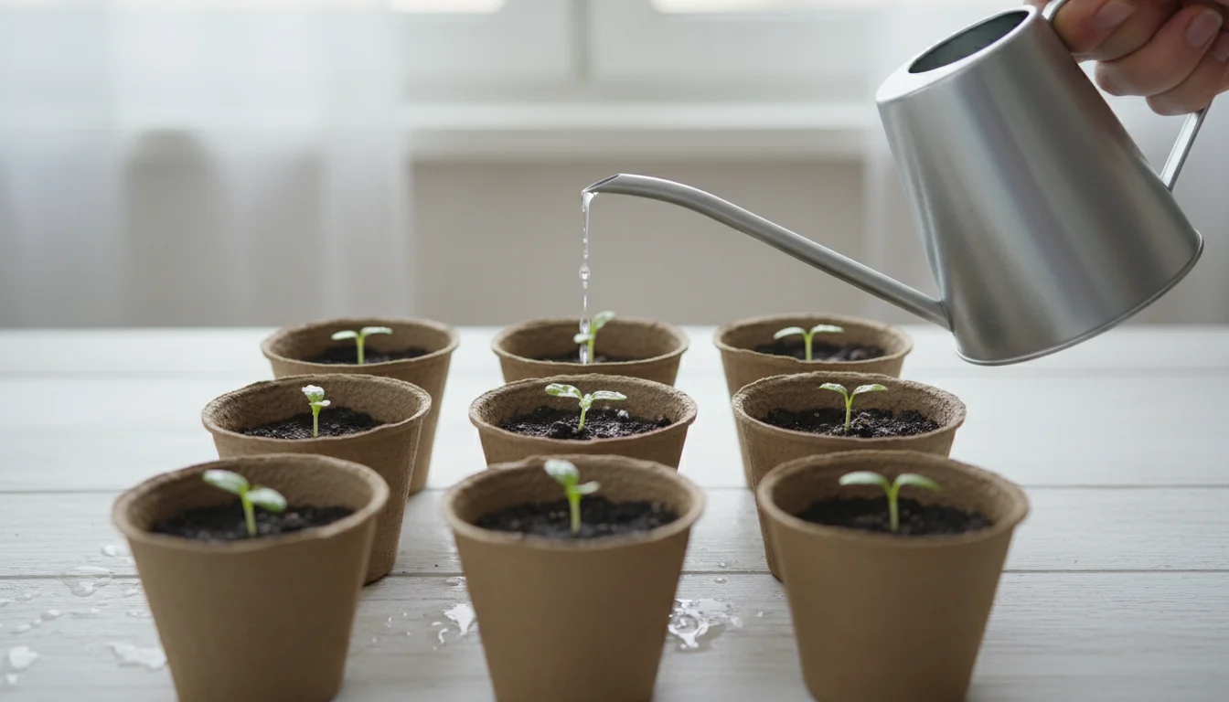 A hand gently waters tiny green seedlings in biodegradable pots using a small silver watering can with a narrow spout.