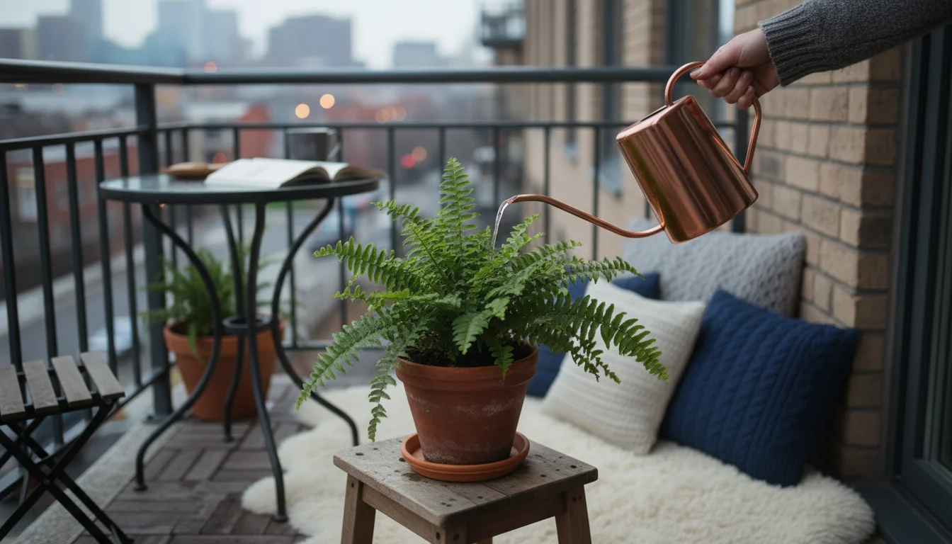 Hand gently waters a vibrant Boston fern in a terracotta pot on a cozy urban balcony during winter. No fertilizer is present.