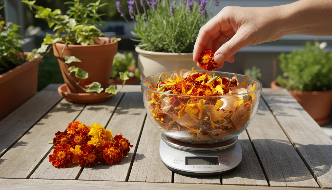 Hand weighing marigold petals and onion skins in a glass bowl on a digital scale on a balcony table.
