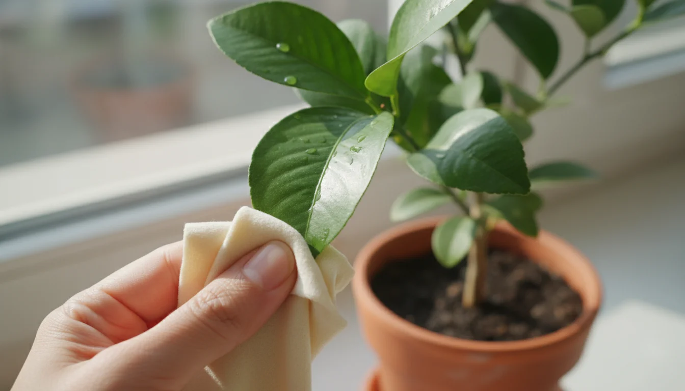 A hand gently wipes a glossy green lemon tree leaf clean with a damp cloth, on a potted plant indoors.