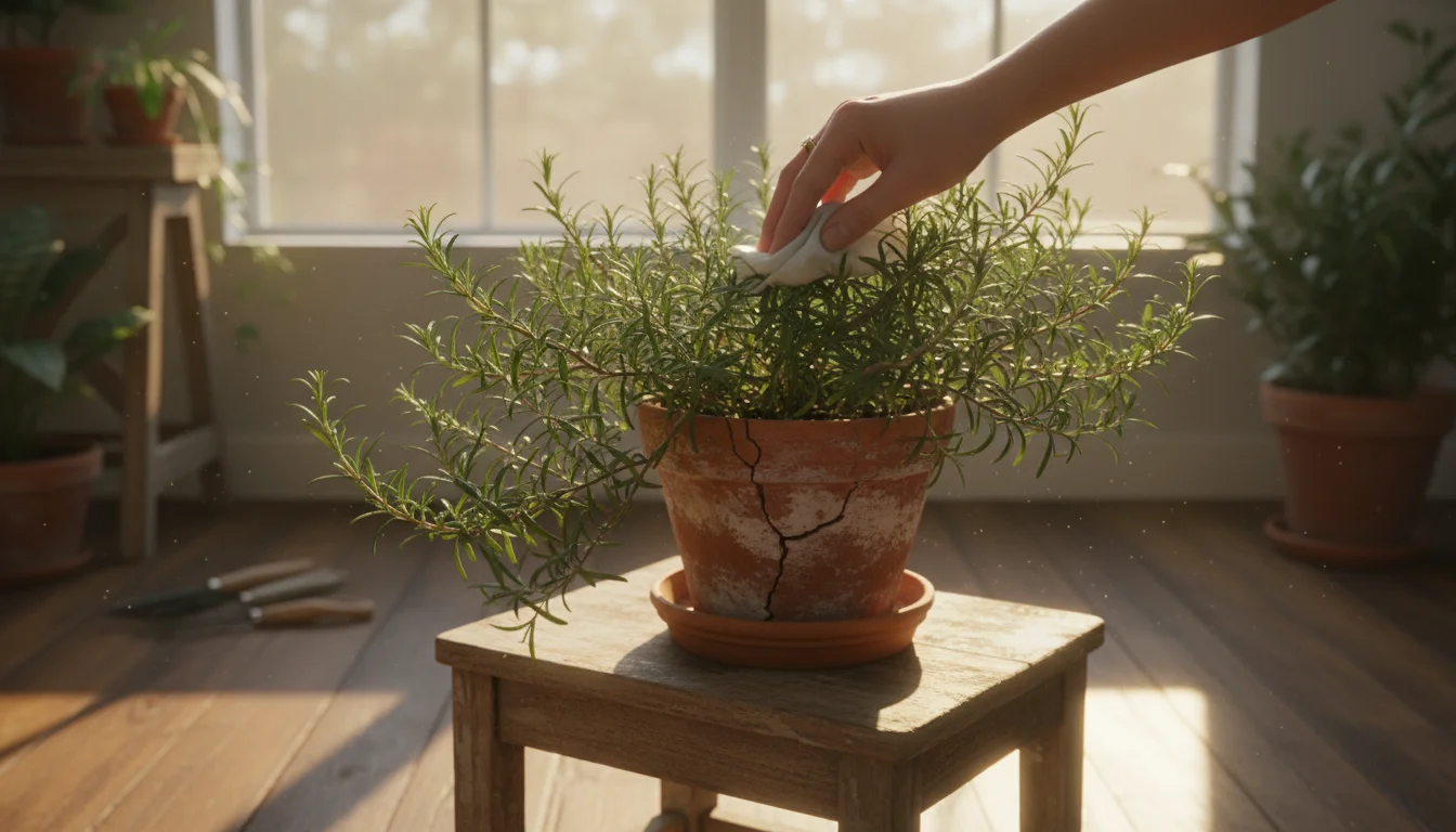 A hand gently wipes the leaves of a potted rosemary plant on a wooden stool bathed in morning sunlight from a window.