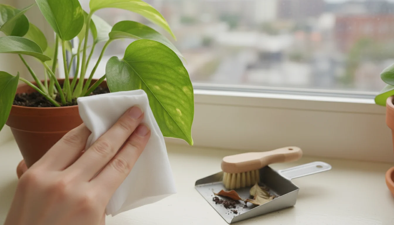 A hand wiping dust from a green Pothos leaf on a sunlit windowsill, next to a small brush and dustpan.