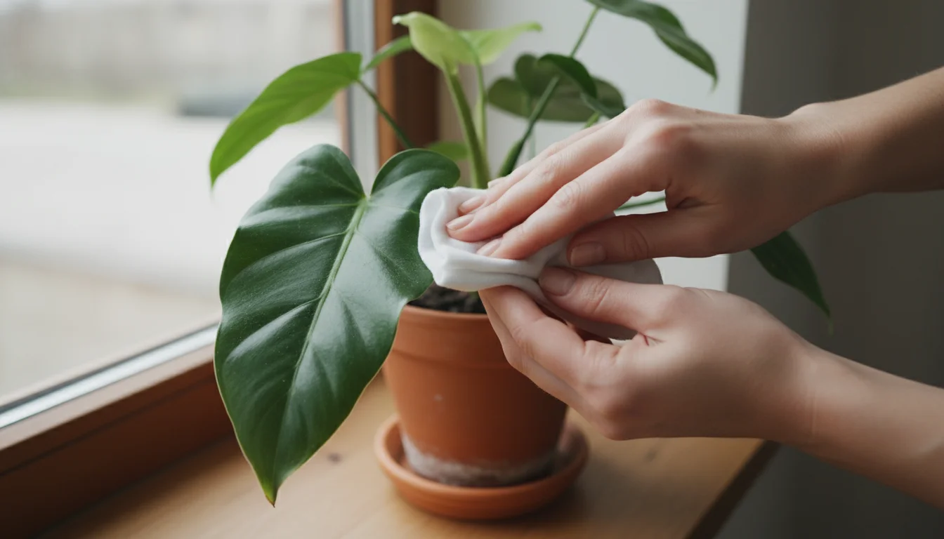 Close-up of a hand gently wiping a dusty green leaf of a potted plant with a damp white cloth, showing the process of cleaning foliage.