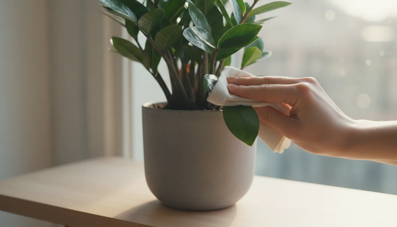 Close-up of a hand gently wiping a large, dark green leaf of a ZZ plant with a damp cloth, plant in a grey ceramic pot.