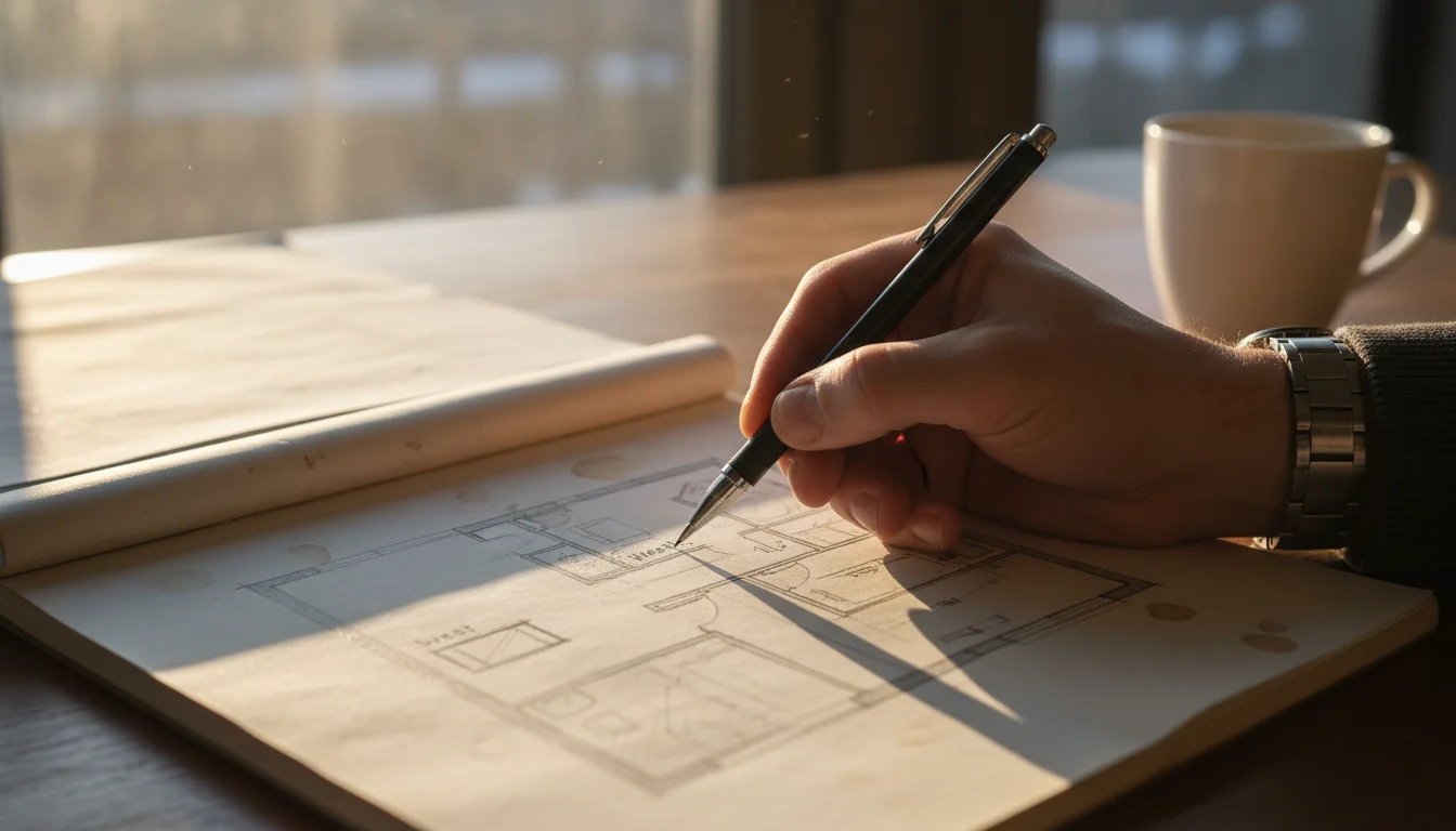 A hand writes 'West' next to a window on a simple apartment floor plan sketch; potted plants are bathed in strong winter sun by a window in the backgr