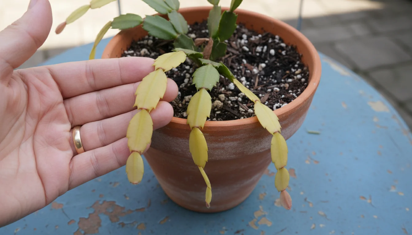 Close-up, slightly overhead view of a hand examining yellow, drooping leaves on a Christmas cactus in a terra cotta pot on a bistro table.