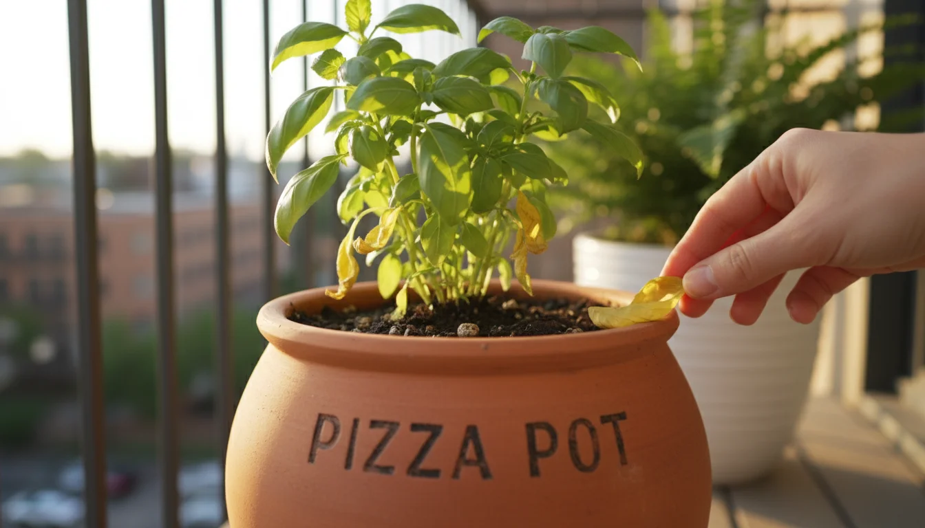 Close-up of a hand gently examining yellowing basil leaves in a mixed herb container on a patio, suggesting a gardening challenge.