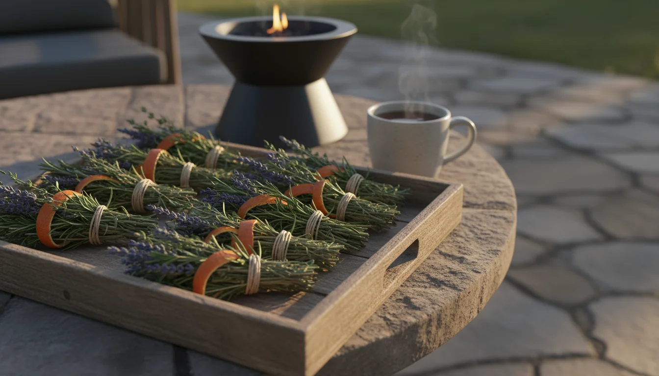Handcrafted bundles of dried herbs and orange peels tied with twine, arranged on a rustic wooden tray on a patio table, ready for a fire pit.