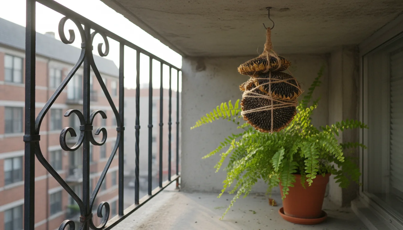 Handmade sunflower seed head bird feeder hangs under an upper balcony's concrete slab, protected by potted plants and railing on a small urban balcony
