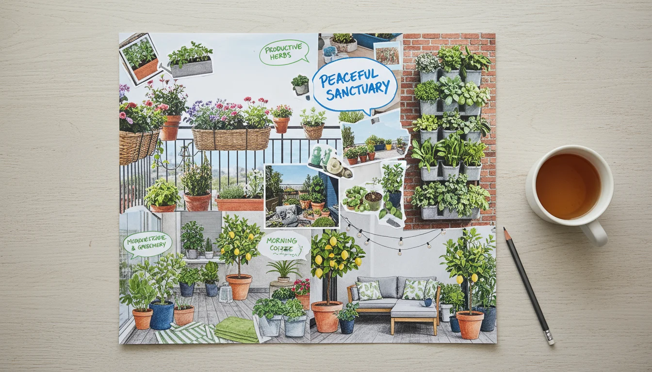 A handmade vision board on a wooden table, featuring cutouts of vibrant container gardens, patio furniture, and plants, with a mug and pencil nearby.