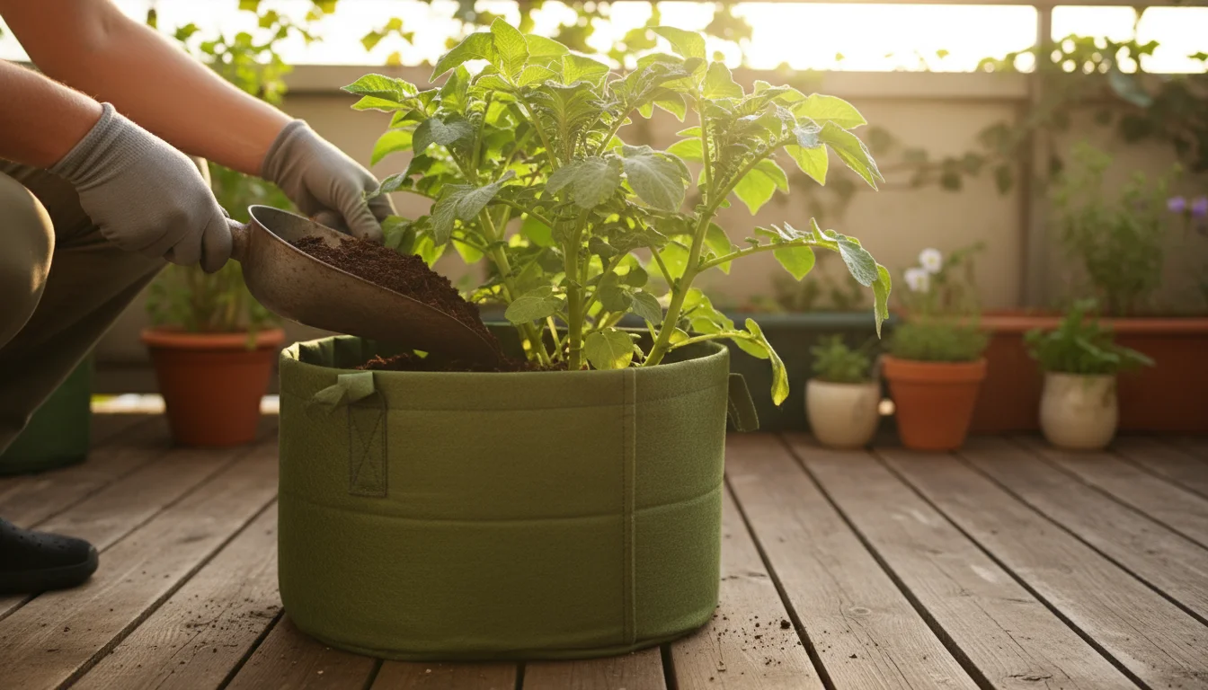 Hands gently add compost to hilling potato plants in an olive-green fabric grow bag on a sunlit balcony.