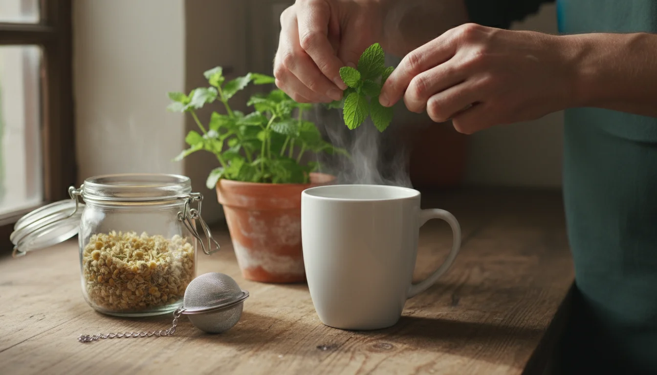 Hands add fresh lemon balm leaves from a terracotta pot into a steaming mug, with dried chamomile and a tea infuser nearby on a wooden counter.