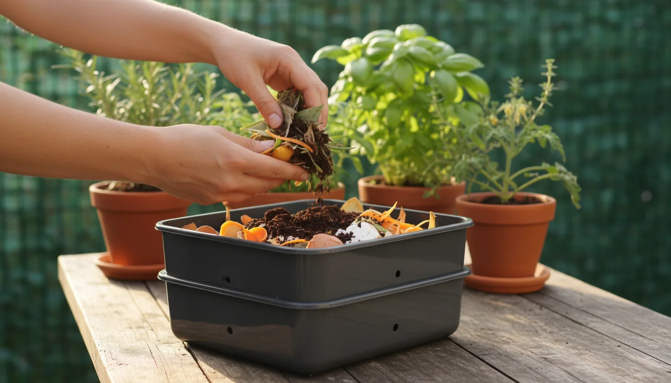 Hands add pineapple leaves and kitchen scraps to a compact worm compost bin on a balcony, with a small potted pineapple in the background.