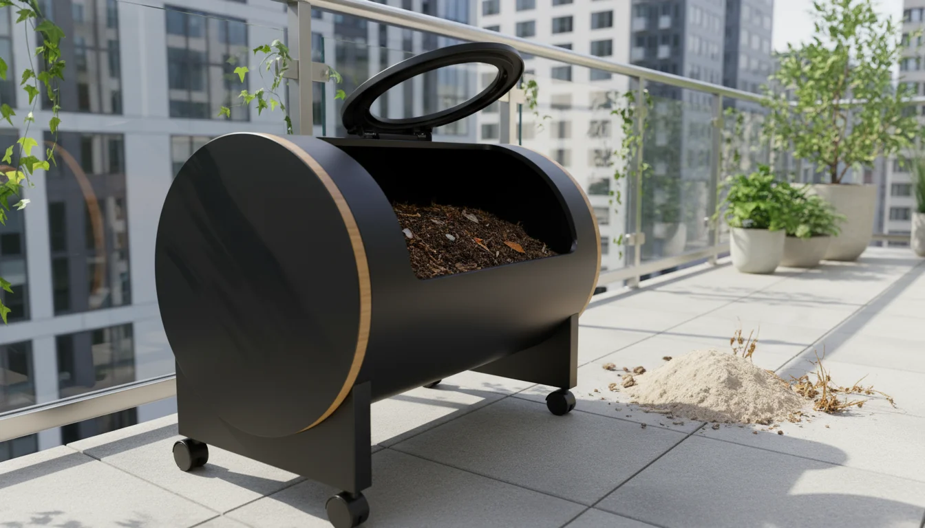 Hands add spent potting mix to a sleek, compact balcony composter, revealing dark compost within, with blurred vibrant container plants in background.